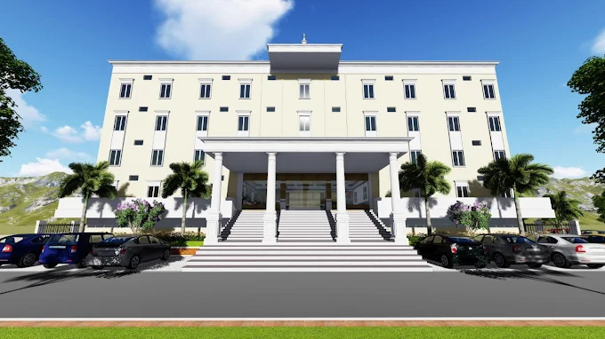 Front elevation of the building with columned portico